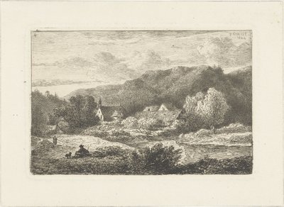 Kopcovitá krajina s kostelem a domy Vodní krajiny (název série) od Pieter Casper Christ
