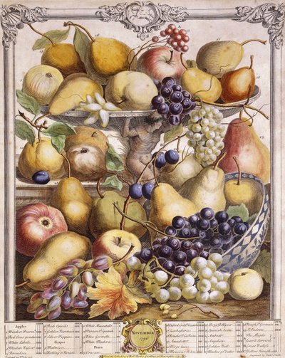 Listopad 1732, ukazující sezónní jablka, hrušky, hrozny atd., 1732 od Pieter Casteels