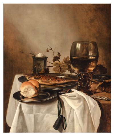 Role, sleď, stříbrná solnice, velký Roemer a nůž na závěsném stole, cca 1644 (olej na desce) od Pieter Claesz