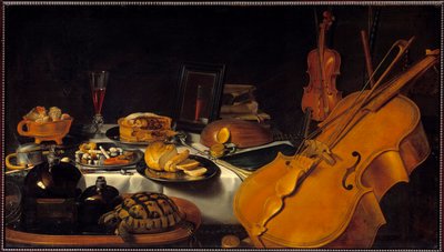 Zátiší s hudebními nástroji Želva, koláč, sklenka vína, chléb. Obraz Pietera Claesze (1597-1661) (ek.holl.) 1623 Ne. 0,69x1,22 m od Pieter Claesz