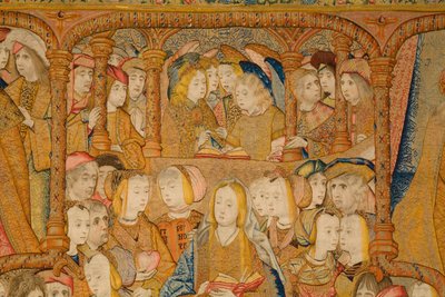 Vlámský gobelín. Zvěstování. Detail, cca 1502-04 (zlato, stříbro, hedvábí a vlna) od Pieter Coecke van Aelst