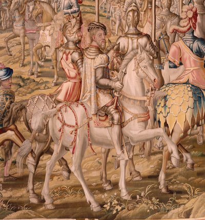 Vlámský gobelín. série Dobytí Tunisu; Recenze vojsk v Barceloně (La revista de las tropas en Barcelona). Druhá tapisérie v sérii. Model Jan Vermeyen a Pieter Coecke van Aelst. 1543-1548. Výroba Real Fábrica de Tapices de Sant od Pieter Coecke van Aelst