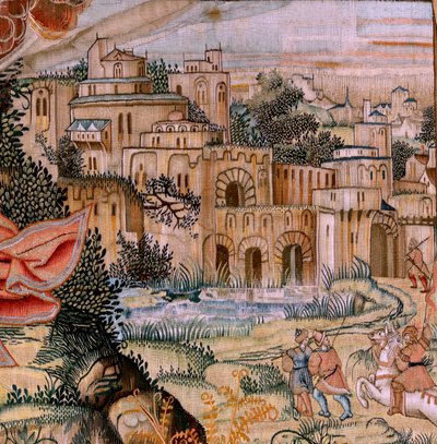 Vlámský gobelín. Seriál Umučení Krista. Sestup z kříže (Descendimiento). Druhá série tapisérií Umučení Krista patřící Patrimonio Nacional. Modelové karikaturisty z okruhu Jana van Roome. Výroba Pieter va od Pieter Coecke van Aelst