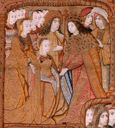 Vlámský gobelín. Série Triumphs of the Mother nebo Paños de Oro. Zvěstování (La Anunciación). Druhá tapisérie v sérii. Model Colin de Cooter (?). Výroba Pieter van Aelst (nebo van Edingen), Brusel. Cca 1500-1502. Tkanina Zlato, stříbro, hedvábí a vlna od Pieter Coecke van Aelst