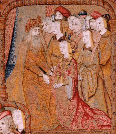 Vlámský gobelín. Série Triumphs of the Mother nebo Paños de Oro. Zvěstování (La Anunciación). Druhá tapisérie v sérii. Model Colin de Cooter (?). Výroba Pieter van Aelst (nebo van Edingen), Brusel. Cca 1500-1502. Tkanina Zlato, stříbro, hedvábí a vlna od Pieter Coecke van Aelst