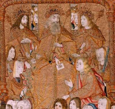 Vlámský gobelín. Série Triumphs of the Mother nebo Paños de Oro. Bůh sešle archanděla Gabriela. První tapisérie v sérii. Model Colin de Cooter(?). Výroba Pieter van Aelst (nebo van Edingen), Brusel. Cca 1500-1502. od Pieter Coecke van Aelst