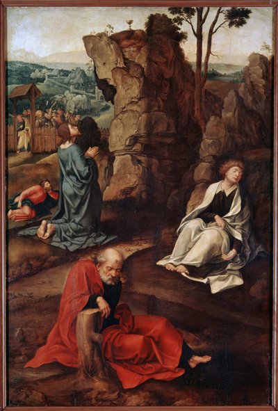 ""Modlitba v zahradě Olivetské"" (Agónie v zahradě) Po poslední večeři jde Kristus na kopec Getsemane, který s apoštoly dominuje Jeruzalému. Římští vojáci pobočníci Jidáše přistoupí, aby ho zatkli. Obraz od Pietera Coe od Pieter Coecke van Aelst