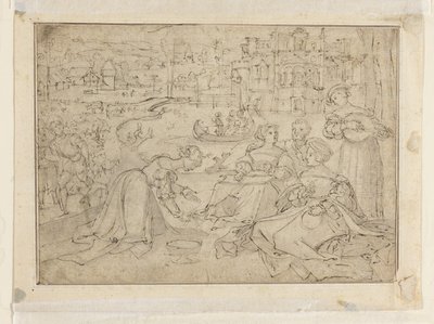 Recto- Měsíc duben (postavy v parku u zámku); Verso- Mládež ze tří věků člověka od Pieter Coecke van Aelst