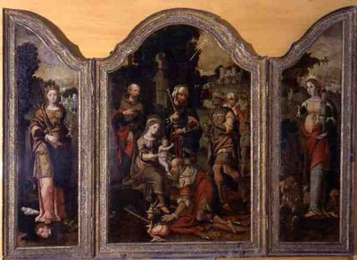 Triptych zobrazující Klanění tří králů a dva světce (olej na desce) od Pieter Coecke van Aelst