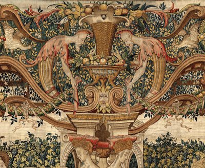 Vertumnus a Pomona: Vertumnus proměněný v nůžky na nůžky, cca 1550 (zlato, vlna a hedvábí) od Pieter Coecke van Aelst