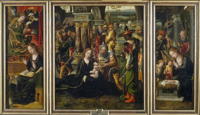 Zvěstování. Klanění tří králů. Klanění pastýřů, druhá čtvrtina 1 od Pieter Coecke van Aelst