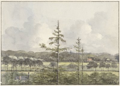 Pohled na louky s farmami od Pieter Ernst Hendrik Praetorius