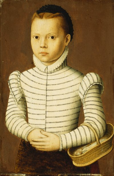 Portrét mladé dívky v černém a bílém kostýmu držící košík, od Pieter Jansz. Pourbus