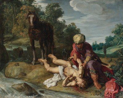 Dobrý Samaritán ošetřující rány pocestného (Lukáš 10,25-37) od Pieter Lastman