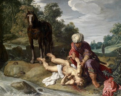 Dobrý Samaritán ošetřující rány pocestného (Lukáš 10,25-37) od Pieter Lastman