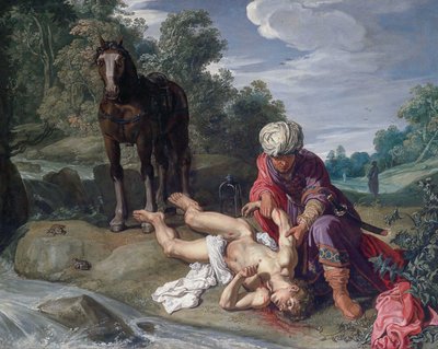 Dobrý Samaritán ošetřující rány pocestného (Lukáš 10,25-37) od Pieter Lastman