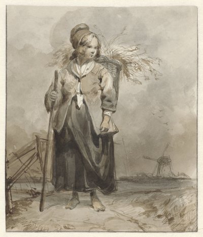 Stojící žena s holí a košíkem na zádech od Pieter Marinus van de Laar (attributed to)