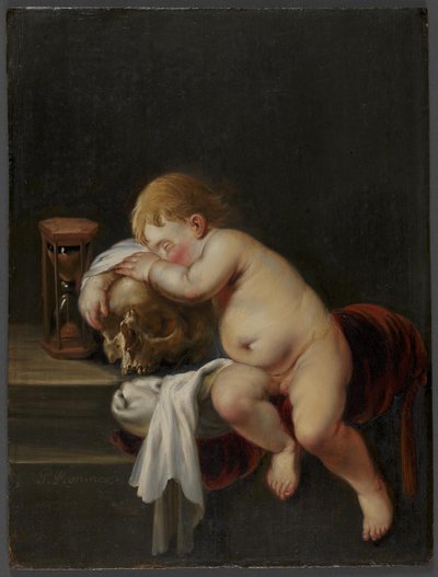Chlapec spí na lebce od Pieter Moninckx