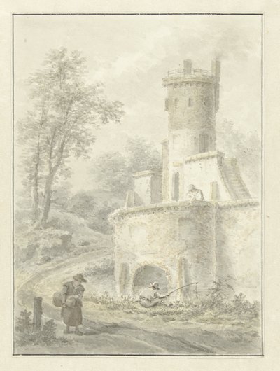 Krajina s rybářem a ženou kráčející u věže pevnosti od Pieter Pietersz. Barbiers