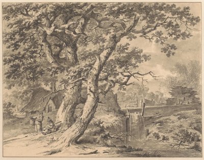 Krajina s vodopádem pod dvěma velkými stromy od Pieter Pietersz. Barbiers