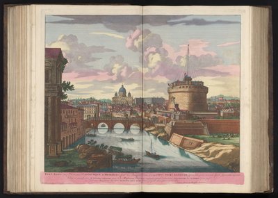 Engelenburcht, Sint-Pietersbasiliek a rivier de Tiber Aeliův most (skřítek Hadriánův) a hrad svatého Michaela (...) (název na předmětu) od Pieter Schenk (I)