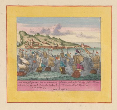 Námořní bitva o Gibraltar, 1705 Ponty je poražen v zátoce Gibraltaru (sie dese v přední části) spojeneckých flotil, den 20 Meert, 1705 (název na předmětu) Divadlo války, Počátek krále Karla II. Na shledanou na King Karel den od Pieter Schenk (I)