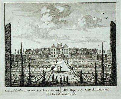 Dům a zahrady v Saint Annen-Land, z „Admirandorum Quadruplex Spectaculum“, od Jana van Calla (1656-1703), vydaného před rokem 1715 (rytina) od Pieter Schenk