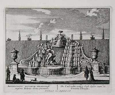 Kaskáda v orientální zahradě, z „Admirandorum Quadruplex Spectaculum“, od Jana van Calla (1656-1703), vydaného před rokem 1715 (rytina) od Pieter Schenk