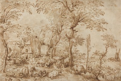 Rolníci a dobytek poblíž farmy, kolem 1553-54 (pero a hnědý inkoust na papíře) od Pieter Bruegel the Elder
