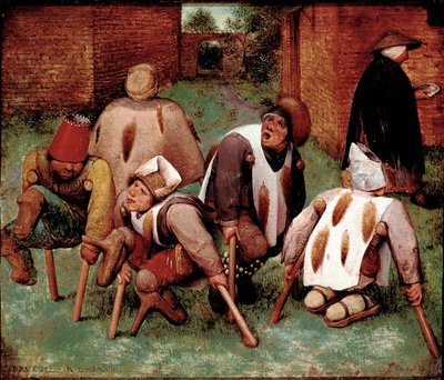 Estropies Skupina postižených postav, butts-de-jatte (butts). Obraz Pietera Bruegela (nebo Breugel nebo Brueghel nebo Breughel) dit l