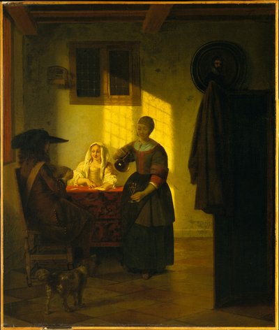 Pár hrající karty se služebnou od Pieter de Hooch