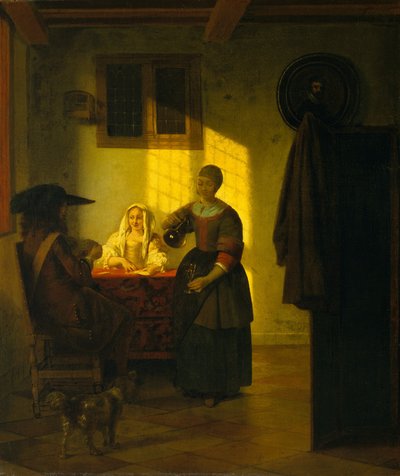 Pár hracích karet, s obsluhující ženou, ca. 1665-75. od Pieter de Hooch