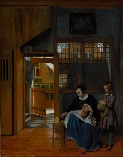 Žena připravující chléb s máslem pro chlapce od Pieter de Hooch
