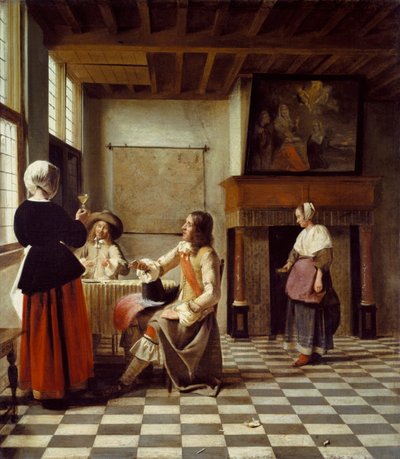 Interiér se ženou popíjející dvěma muži a služebnou od Pieter de Hooch