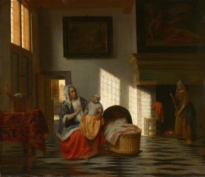 Interiér s matkou a dítětem, „Mateřská radost“ od Pieter de Hooch