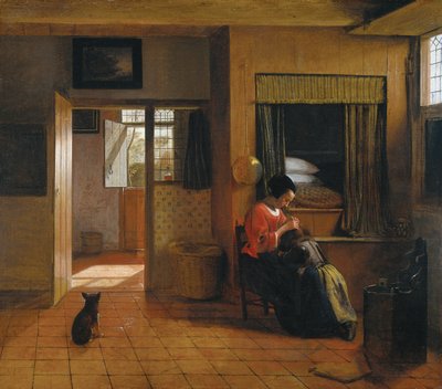 Vnitřní místnost s matkou, která si čistí vlasy svého dítěte, známá jako „práce matky“ od Pieter de Hooch