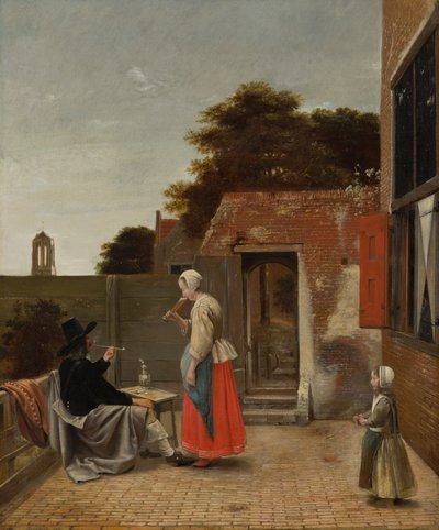 Dvůr s kouřícím mužem a pijící ženou od Pieter de Hooch