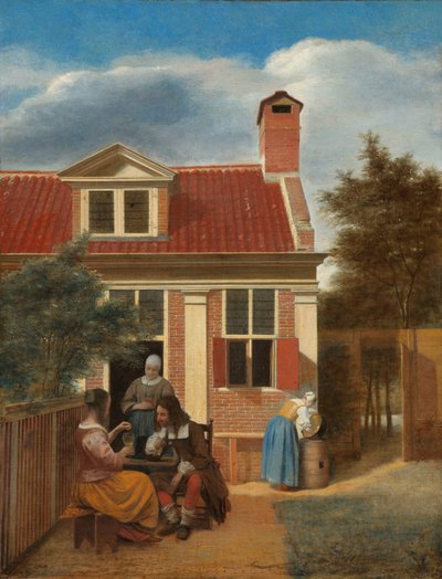 Postavy na nádvoří za domem Tři ženy a muž na nádvoří za domem od Pieter de Hooch