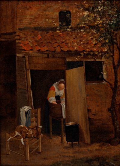 Dívka peroucí prádlo na dvoře ve Zwolle, po roce 1653 (olej na plátně) od Pieter de Hooch