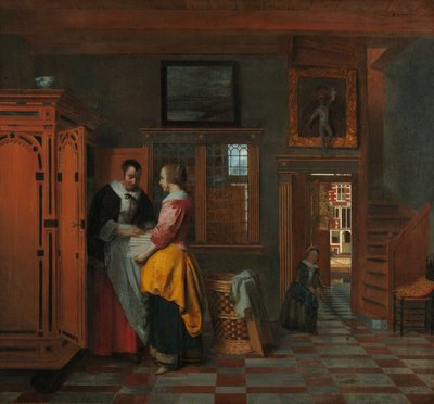 Interiér s ženami vedle lněné skříně od Pieter de Hooch