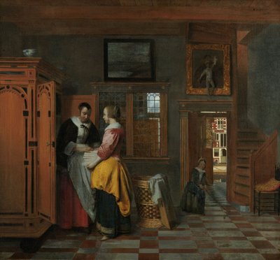 Interiér s ženami vedle lněné skříně, 1663 od Pieter de Hooch