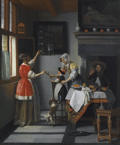 Interiér s dítětem krmícím papouška par Hooch, Pieter, de od Pieter de Hooch