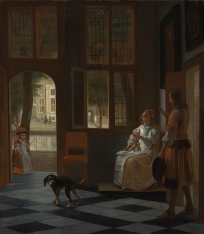 Muž podal dopis ženě ve vstupní hale domu od Pieter de Hooch