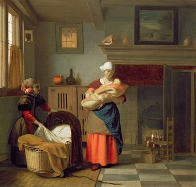 Zdravotní sestra s dítětem v interiéru a mladá dívka připravuje kolébku od Pieter de Hooch