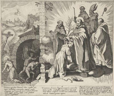Catharina biddend / Visioen van Catharina / Catharina wordt Dominicanes Scènes uit het leven en wonderen van de Heilige Catharina van Siena (název seriálu) Život, smrt a vybrané zázraky B. Catherine starší (...) (název série) od Pieter de Jode (I)