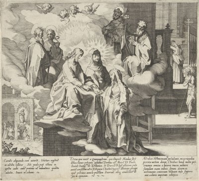 Objeví se Catherine / Catherineina svatba / Catherine sdílí svůj plášť Scény ze života a zázraků svaté Kateřiny Sienské (název série) Vita mors gesta, et miracula quaedam selecta B. CATHERINAE SENENSIS (...) (název série) od Pieter de Jode (I)