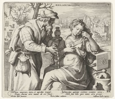 Melancholický temperament Melancholicvs (název na objektu) Čtyři temperamenty (název seriálu) od Pieter de Jode (I)