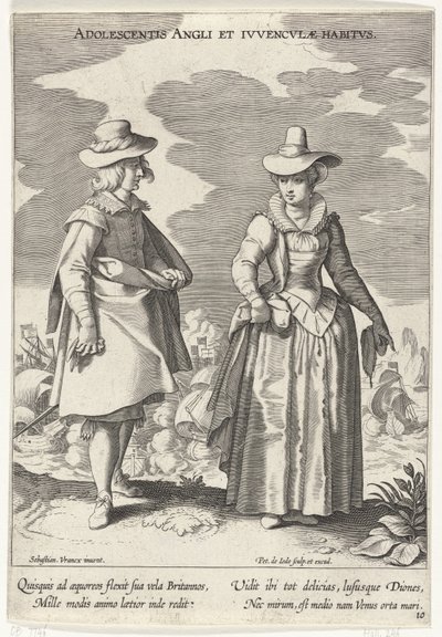 Paar, gekleed volgens de Engelse mode, ca. 1610 Angličtina dospívajících a anglické návyky (název na předmětu) Kostuums uit verschiedelden landen (název série) Ornamenty různých národů (název série) od Pieter de Jode (I)