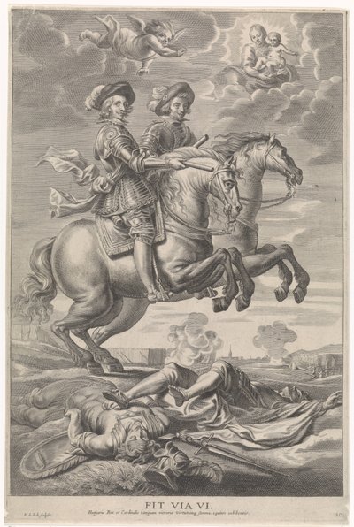 Ferdinand Rakouský s Ferdinandem, králem českým a uherským, na koni při vítězství u Nördlingenu Radostný vstup kardinála-Nemluvně v Gentu, 1635 (název série) od Pieter de Jode (II)