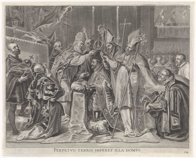 Karel V. korunován na císaře papežem Radostný vstup kardinála-Nemluvně v Gentu, 1635 (název série) od Pieter de Jode (II)